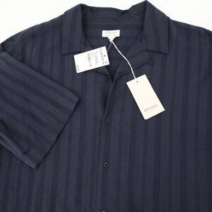 NWT Sunspel Shirt Mens Large Cotton Button Up Striped Short Sleeve textured blue